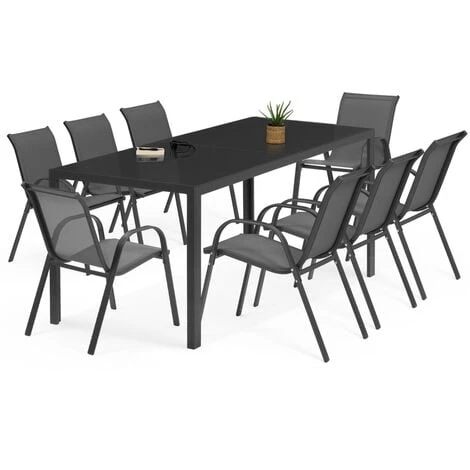 Salon De Jardin MADRID Table 190 CM Et 8 Chaises Empilables Gris Anthracite