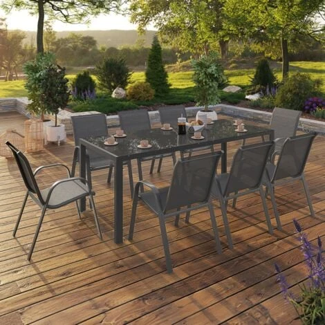Salon De Jardin MADRID Table 190 CM Et 8 Chaises Empilables Gris Anthracite – Image 2