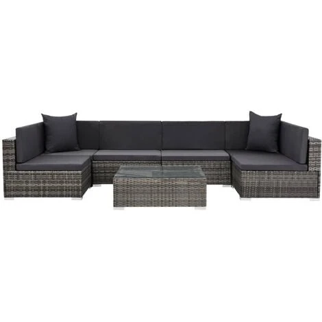 Salon De Jardin 7 Pcs Avec Coussins Résine Tressée Gris VidaXL – Image 2