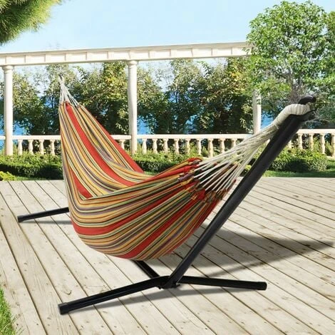 Hamac Avec Support Métal Et Toile Rayée Rouge Et Jaune – Image 2