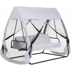 OUTSUNNY Balancelle De Jardin Convertible 3 Places Grand Confort : Matelas Assise Dossier, Moustiquaire Intégrale Zippée Avec Toit, Pochette Rangement Métal époxy Polyester Blanc
