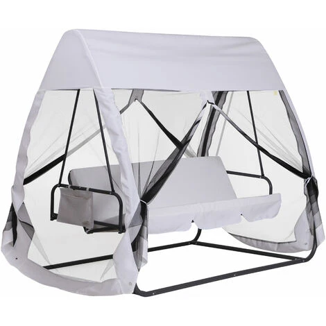 OUTSUNNY Balancelle De Jardin Convertible 3 Places Grand Confort : Matelas Assise Dossier, Moustiquaire Intégrale Zippée Avec Toit, Pochette Rangement Métal époxy Polyester Blanc