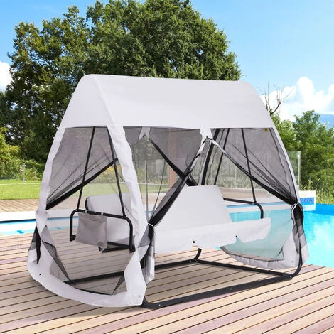 OUTSUNNY Balancelle De Jardin Convertible 3 Places Grand Confort : Matelas Assise Dossier, Moustiquaire Intégrale Zippée Avec Toit, Pochette Rangement Métal époxy Polyester Blanc – Image 2