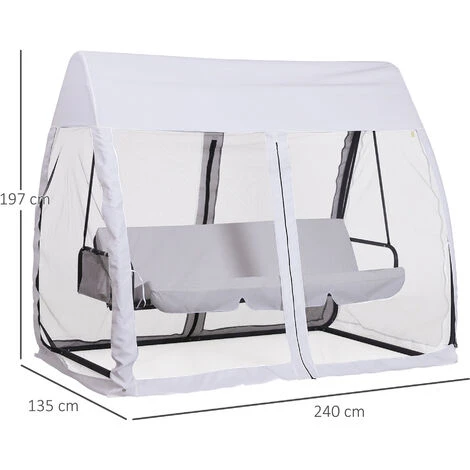 OUTSUNNY Balancelle De Jardin Convertible 3 Places Grand Confort : Matelas Assise Dossier, Moustiquaire Intégrale Zippée Avec Toit, Pochette Rangement Métal époxy Polyester Blanc – Image 3