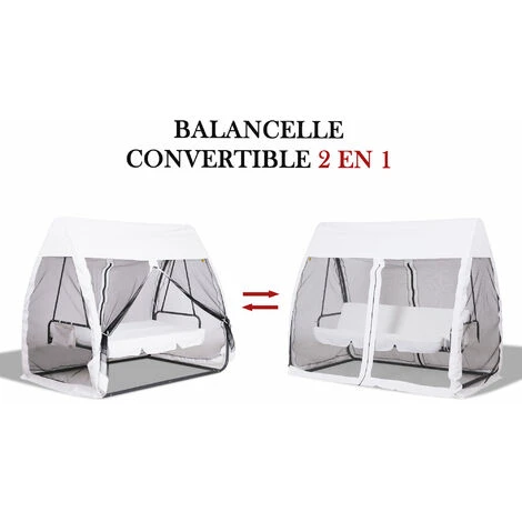 OUTSUNNY Balancelle De Jardin Convertible 3 Places Grand Confort : Matelas Assise Dossier, Moustiquaire Intégrale Zippée Avec Toit, Pochette Rangement Métal époxy Polyester Blanc – Image 5