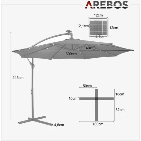 AREBOS Parasol De Terrasse/Jardin Parasol/Suspendu Avec éclairage / 40 LED Ø3m Rouge – Image 5