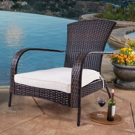 COSTWAY Fauteuil De Jardin En Résine Tressée Marron 78x80x80 CM Avec Coussin Lavable Pour Jardin Chambre Balcon Salon – Image 2