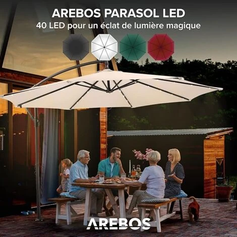 AREBOS Parasol De Terrasse/Jardin Parasol/Suspendu Avec éclairage / 40 LED Ø3m Créme – Image 3