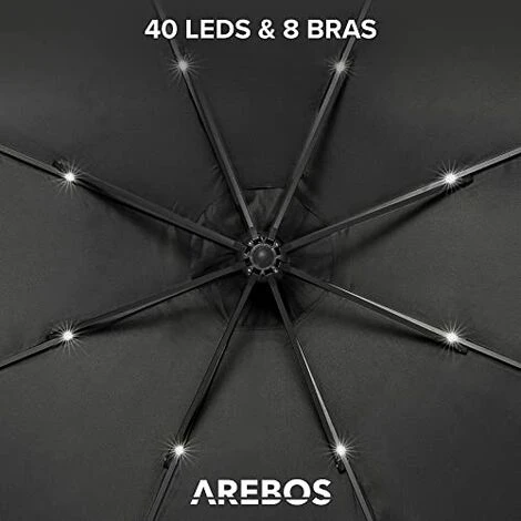 AREBOS Parasol De Terrasse/Jardin Parasol/Suspendu Avec éclairage / 40 LED Ø3m Anthracite – Image 4