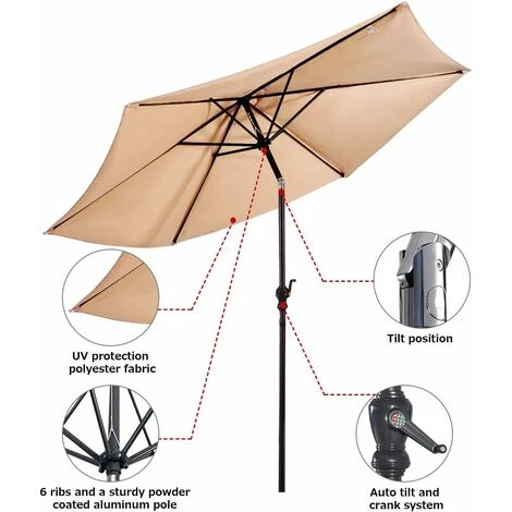 COSTWAY Parasol De Jardin/Parasol Déporté Inclinable De Jardin Dia.270CM Avec Toile Polyester Imperméable Et Baleines En Fer Robuste Beige – Image 3