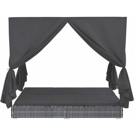 Chaise Longue D'extérieur Avec Rideaux Résine Tressée Gris VidaXL – Image 2