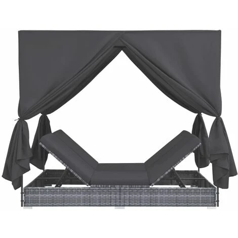 Chaise Longue D'extérieur Avec Rideaux Résine Tressée Gris VidaXL – Image 3