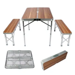 Table Pliante Valise Alumium Deux Bancs 90x66x70 Cm Finition Bois Table De Camping Fête Barbecue