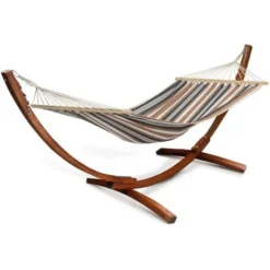 Hamac XL Avec Support Bois Et Toile Rayée Noire, Blanche Et Chocolat