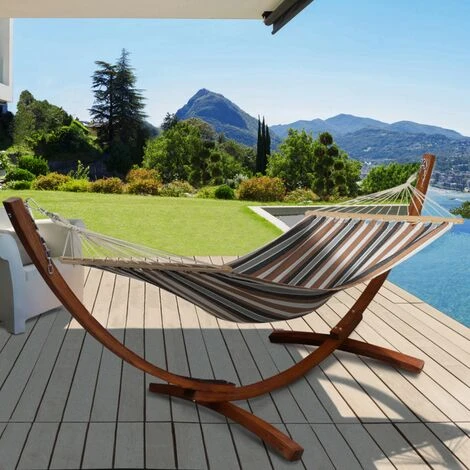 Hamac XL Avec Support Bois Et Toile Rayée Noire, Blanche Et Chocolat – Image 2