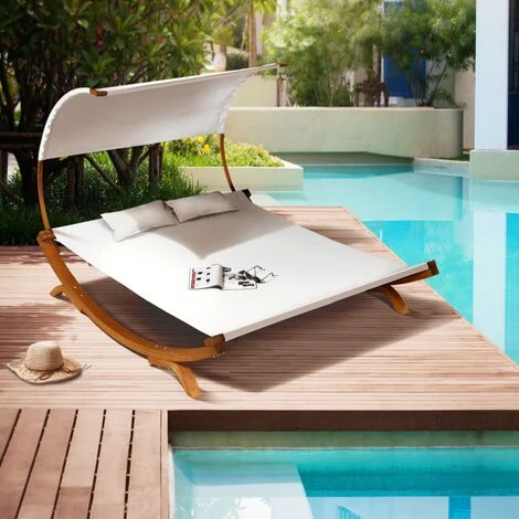 Lit De Jardin En Bois Avec Toile écrue Et Auvent – Image 2