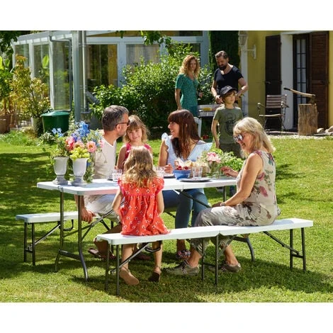 2x Bancs Pliables En Plastique Blanc 180cm Pour Jardin Fêtes Camping Pique-nique Anniversaire – Image 2