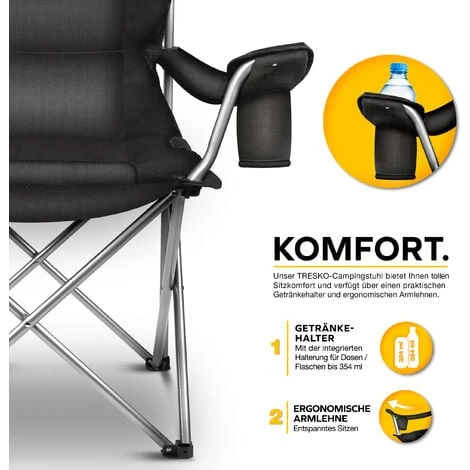 TRESKO Chaise De Camping Pliante NOIR Jusqu'à 150 Kg Chaise De Pêche, Avec Accoudoirs Et Porte-gobelets – Image 2