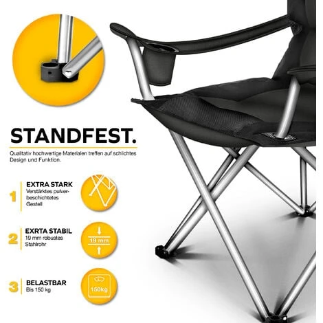 TRESKO Chaise De Camping Pliante NOIR Jusqu'à 150 Kg Chaise De Pêche, Avec Accoudoirs Et Porte-gobelets – Image 3