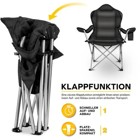 TRESKO Chaise De Camping Pliante NOIR Jusqu'à 150 Kg Chaise De Pêche, Avec Accoudoirs Et Porte-gobelets – Image 4