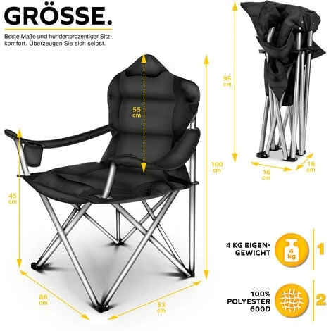 TRESKO Chaise De Camping Pliante NOIR Jusqu'à 150 Kg Chaise De Pêche, Avec Accoudoirs Et Porte-gobelets – Image 5