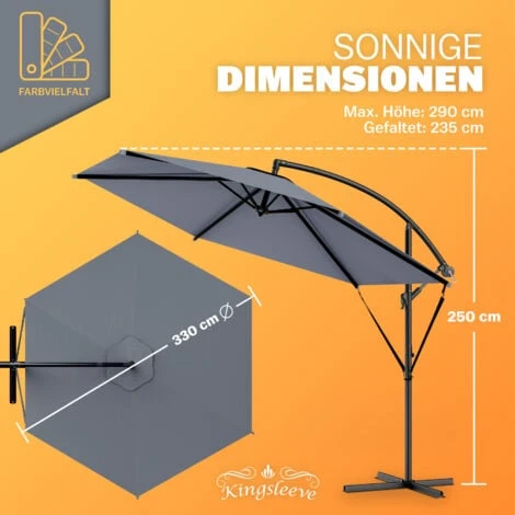 KINGSLEEVE® Parasol Déporté Inclinable Ø 330 Cm Pare-soleil En Aluminium Avec Manivelle Protection UV 40+ Jardin Extérieur Anthracite – Image 3