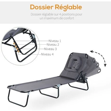 OUTSUNNY Transat De Jardin Chaise Longue Pliante Bain De Soleil Pour Lecture Gris – Image 4
