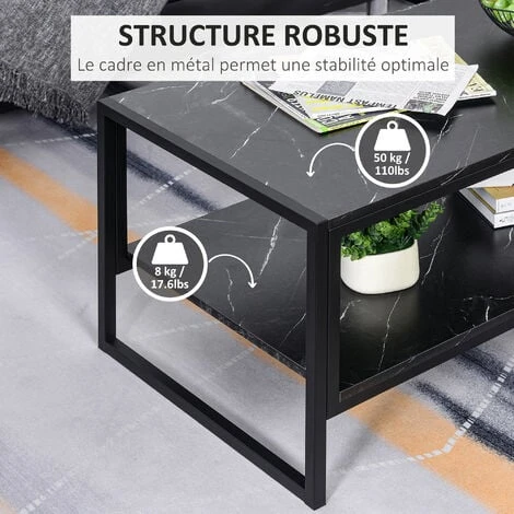 HOMCOM Table Basse Style Moderne Avec 2 Étagères 106 X 50 X 47 Cm Noir – Image 5