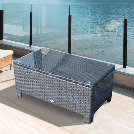 OUTSUNNY Table Basse De Jardin Plateau Verre Trempé 5 Mm Rotin Tressé 85 X 50 X 39cm Max. 50 Kg Marron – Image 2