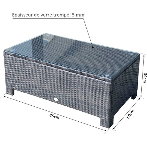 OUTSUNNY Table Basse De Jardin Plateau Verre Trempé 5 Mm Rotin Tressé 85 X 50 X 39cm Max. 50 Kg Marron – Image 3