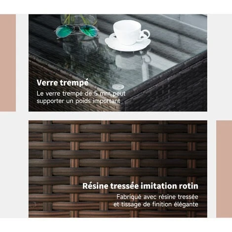 OUTSUNNY Table Basse De Jardin Plateau Verre Trempé 5 Mm Rotin Tressé 85 X 50 X 39cm Max. 50 Kg Marron – Image 5