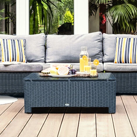 OUTSUNNY Table Basse De Jardin Plateau Verre Trempé 5 Mm Rotin Tressé 85 X 50 X 39cm Max. 50 Kg Noir – Image 2