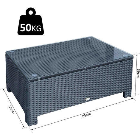 OUTSUNNY Table Basse De Jardin Plateau Verre Trempé 5 Mm Rotin Tressé 85 X 50 X 39cm Max. 50 Kg Noir – Image 3