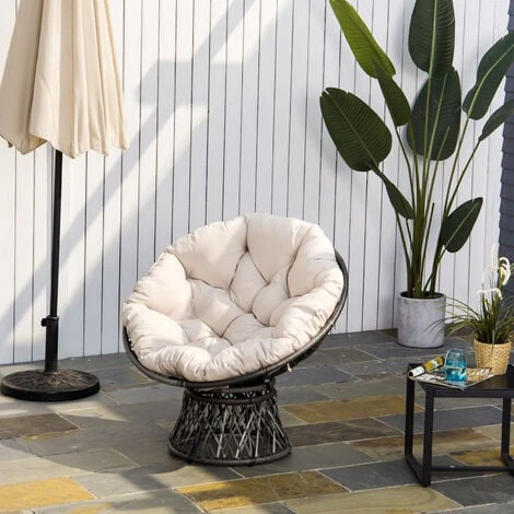 OUTSUNNY Fauteuil Rond De Jardin Fauteuil Papasan Pivotant Grand Confort Ø 97 X 90H Cm Grand Coussin Fourni Polyester Résine Tressée Crème – Image 2
