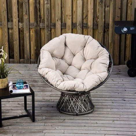 OUTSUNNY Fauteuil Rond De Jardin Fauteuil Papasan Pivotant Grand Confort Ø 97 X 90H Cm Grand Coussin Fourni Polyester Résine Tressée Crème – Image 4