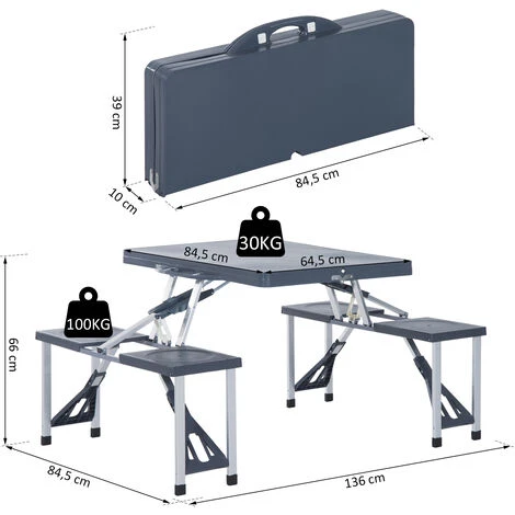 OUTSUNNY Table De Camping Pique Nique Pliante Portable 4 Personnes Aluminium Plastique Gris Foncé – Image 3
