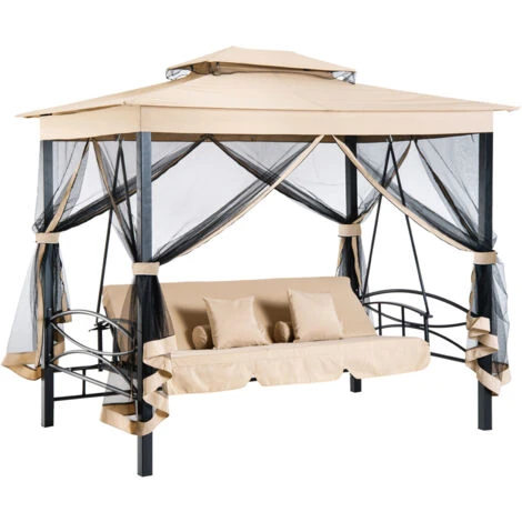 OUTSUNNY Balancelle De Jardin 3 Places Convertible Style Colonial Grand Confort 5 Coussins + Matelas + Moustiquaires Inclus 2,56L X 1,72l X 2,48H M Marron Clair