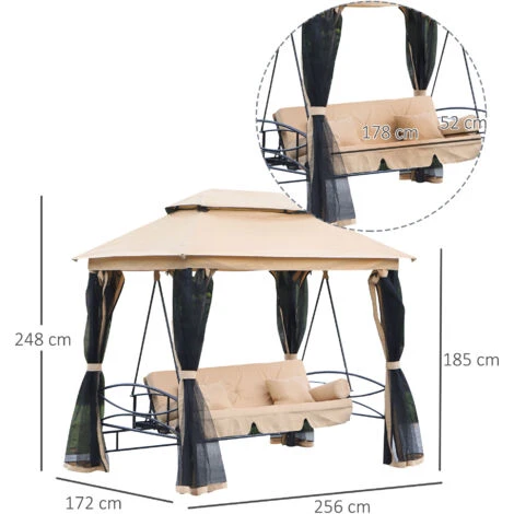 OUTSUNNY Balancelle De Jardin 3 Places Convertible Style Colonial Grand Confort 5 Coussins + Matelas + Moustiquaires Inclus 2,56L X 1,72l X 2,48H M Marron Clair – Image 3