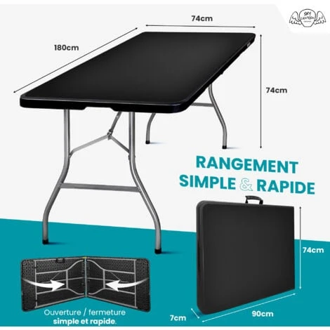 Table Pliante 180 Cm D'Appoint Rectangulaire Noire - Table De Camping 8 Personnes L180 X L74 X H74cm En HDPE Haute Densité Épaisseur 3,5 Cm - Pieds En Acier Pelliculé Gris - Idéal Cérémonies – Image 2