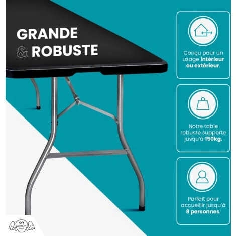 Table Pliante 180 Cm D'Appoint Rectangulaire Noire - Table De Camping 8 Personnes L180 X L74 X H74cm En HDPE Haute Densité Épaisseur 3,5 Cm - Pieds En Acier Pelliculé Gris - Idéal Cérémonies – Image 3