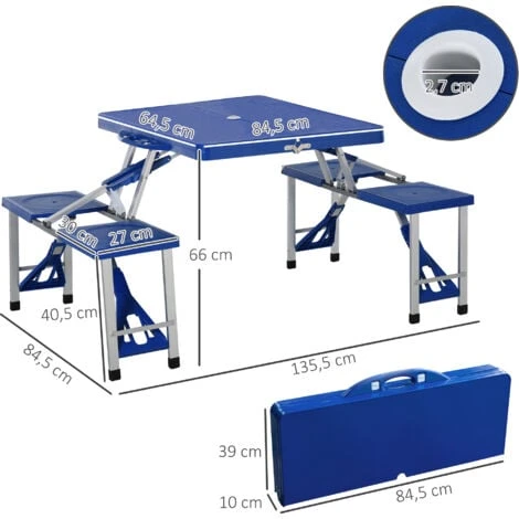 HOMCOM Table De Camping Pique-nique Pliante Portable En Plastique Avec 4 Sieges Bleu – Image 3