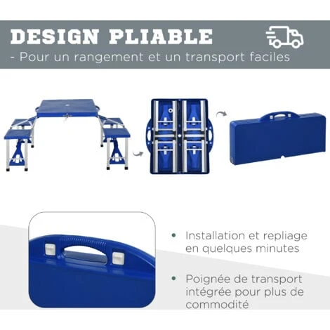 HOMCOM Table De Camping Pique-nique Pliante Portable En Plastique Avec 4 Sieges Bleu – Image 4