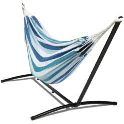 Hamac Avec Support Métal Et Toile Rayée Bleue Et Blanche