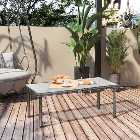 OUTSUNNY Table Basse De Jardin Plateau Verre Trempé 5 Mm Résine Tressée Imitation Rotin Gris – Image 2