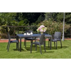 Dmora Chaise D’extérieur Viterbo, Chaise De Jardin, Chaise Pour Table à Manger, Fauteuil D'extérieur Effet Rotin, 100% Made In Italy, Ensemble De 4, Cm 54x60h82, Anthracite, Avec Emballage Renforcé
