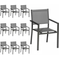 Lot De 10 Chaises En Aluminium Anthracite - Textilène Gris