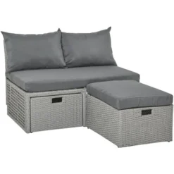 OUTSUNNY Ensemble Salon De Jardin 3 Places 3 Pièces - Canapé 2 Places, Pouf, Coffre Rangement - 4 Coussins Inclus - Résine Tressée Imitation Rotin Gris