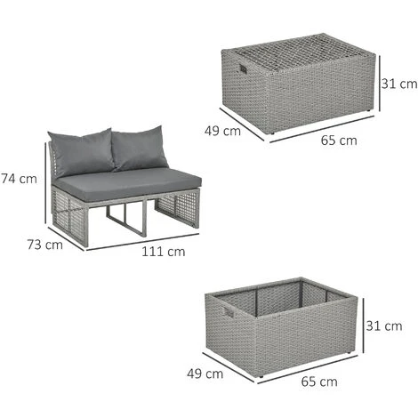OUTSUNNY Ensemble Salon De Jardin 3 Places 3 Pièces - Canapé 2 Places, Pouf, Coffre Rangement - 4 Coussins Inclus - Résine Tressée Imitation Rotin Gris – Image 3