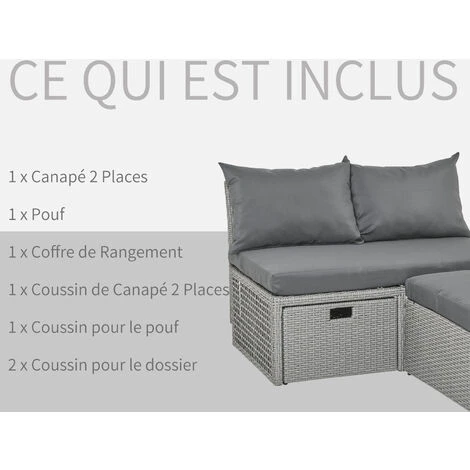 OUTSUNNY Ensemble Salon De Jardin 3 Places 3 Pièces - Canapé 2 Places, Pouf, Coffre Rangement - 4 Coussins Inclus - Résine Tressée Imitation Rotin Gris – Image 5