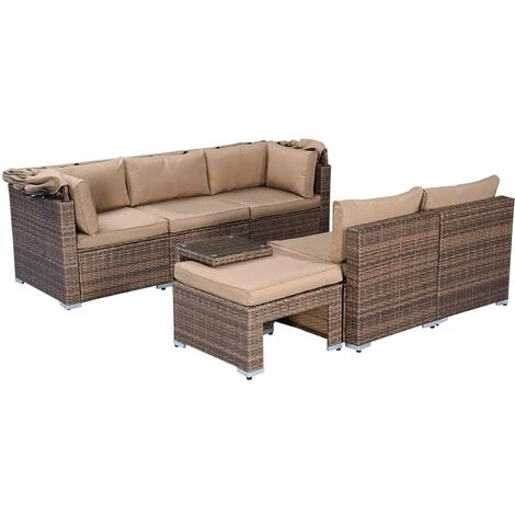 Canapé De Jardin à 6 Places LED 230cm Auvent Pliable En Marron / Beige - Salon De Jardin 6 Places De BRAST – Image 5